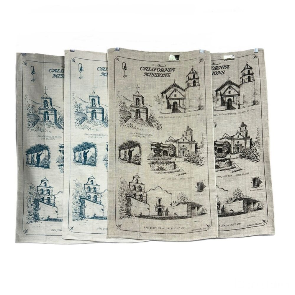 Vintage Kay Dee HandPrints California Missions 100% Pure Linen Tea Towels